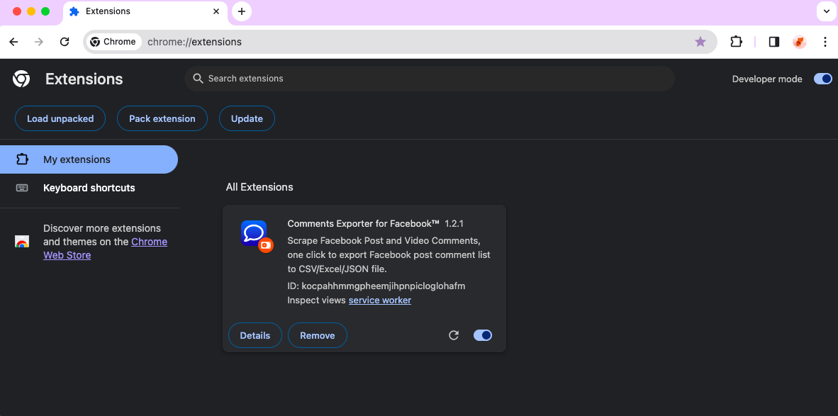 Facebook Comments Export chrome extension install done