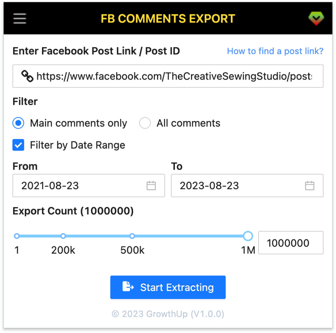 Facebook Comments Export Screenshot